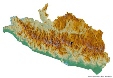 Guerrero 'nun şekli, Meksika eyaleti, başkenti beyaz arka planda izole edilmiş. Topografik yardım haritası. 3B görüntüleme