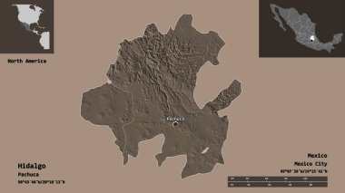 Hidalgo 'nun şekli, Meksika eyaleti ve başkenti. Uzaklık ölçeği, ön gösterimler ve etiketler. Renkli yükseklik haritası. 3B görüntüleme