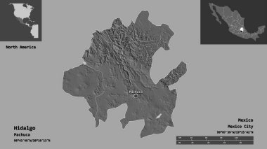 Hidalgo 'nun şekli, Meksika eyaleti ve başkenti. Uzaklık ölçeği, ön gösterimler ve etiketler. Çift seviyeli yükseklik haritası. 3B görüntüleme