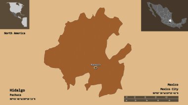 Hidalgo 'nun şekli, Meksika eyaleti ve başkenti. Uzaklık ölçeği, ön gösterimler ve etiketler. Düzenli desenli dokuların bileşimi. 3B görüntüleme
