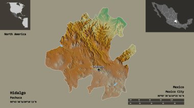 Hidalgo 'nun şekli, Meksika eyaleti ve başkenti. Uzaklık ölçeği, ön gösterimler ve etiketler. Topografik yardım haritası. 3B görüntüleme