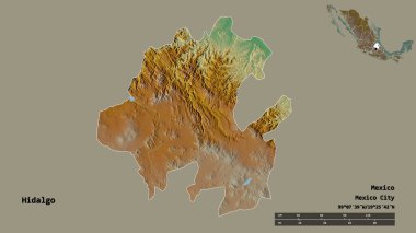 Hidalgo 'nun şekli, Meksika eyaleti, başkenti sağlam bir arka planda izole edilmiş. Uzaklık ölçeği, bölge önizlemesi ve etiketleri. Topografik yardım haritası. 3B görüntüleme