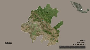 Hidalgo 'nun şekli, Meksika eyaleti, başkenti sağlam bir arka planda izole edilmiş. Uzaklık ölçeği, bölge önizlemesi ve etiketleri. Uydu görüntüleri. 3B görüntüleme