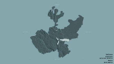 Jalisco bölgesi, Meksika eyaleti, jeoreferatlı bir sınır kutusunda sağlam bir arka planda izole edilmiş. Etiketler. Renkli yükseklik haritası. 3B görüntüleme