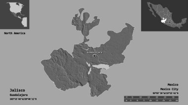 Jalisco 'nun şekli, Meksika eyaleti ve başkenti. Uzaklık ölçeği, ön gösterimler ve etiketler. Çift seviyeli yükseklik haritası. 3B görüntüleme