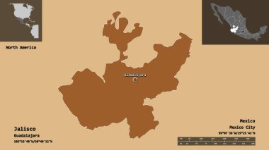 Jalisco 'nun şekli, Meksika eyaleti ve başkenti. Uzaklık ölçeği, ön gösterimler ve etiketler. Düzenli desenli dokuların bileşimi. 3B görüntüleme