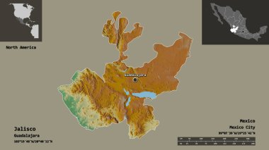 Jalisco 'nun şekli, Meksika eyaleti ve başkenti. Uzaklık ölçeği, ön gösterimler ve etiketler. Topografik yardım haritası. 3B görüntüleme