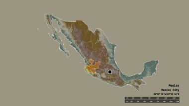 Başkenti, ana bölgesel bölümü ve ayrılmış Jalisco bölgesi ile Meksika 'nın dejenere edilmiş şekli. Etiketler. Topografik yardım haritası. 3B görüntüleme