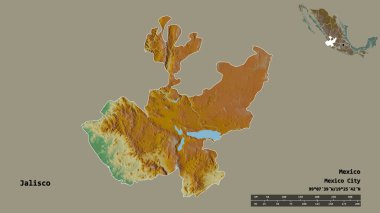 Jalisco 'nun şekli, Meksika eyaleti, başkenti sağlam arka planda izole edilmiş. Uzaklık ölçeği, bölge önizlemesi ve etiketleri. Topografik yardım haritası. 3B görüntüleme