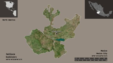 Jalisco 'nun şekli, Meksika eyaleti ve başkenti. Uzaklık ölçeği, ön gösterimler ve etiketler. Uydu görüntüleri. 3B görüntüleme