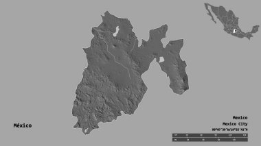 Meksika 'nın şekli, Meksika eyaleti, başkenti sağlam arka planda izole edilmiş. Uzaklık ölçeği, bölge önizlemesi ve etiketleri. Çift seviyeli yükseklik haritası. 3B görüntüleme