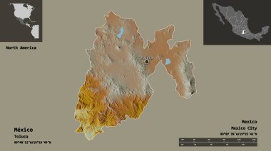 Meksika 'nın şekli, Meksika eyaleti ve başkenti. Uzaklık ölçeği, ön gösterimler ve etiketler. Topografik yardım haritası. 3B görüntüleme