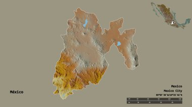 Meksika 'nın şekli, Meksika eyaleti, başkenti sağlam arka planda izole edilmiş. Uzaklık ölçeği, bölge önizlemesi ve etiketleri. Topografik yardım haritası. 3B görüntüleme
