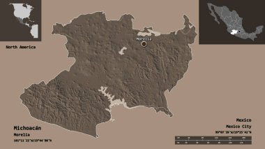 Michoacan 'ın şekli, Meksika eyaleti ve başkenti. Uzaklık ölçeği, ön gösterimler ve etiketler. Renkli yükseklik haritası. 3B görüntüleme
