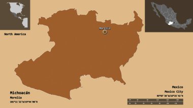 Michoacan 'ın şekli, Meksika eyaleti ve başkenti. Uzaklık ölçeği, ön gösterimler ve etiketler. Düzenli desenli dokuların bileşimi. 3B görüntüleme