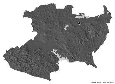 Michoacan, Meksika eyaleti, başkenti beyaz arka planda izole edilmiş. Çift seviyeli yükseklik haritası. 3B görüntüleme