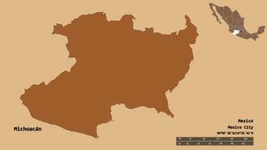 Michoacan 'ın şekli, Meksika eyaleti, sermayesi sağlam arka planda izole edilmiş. Uzaklık ölçeği, bölge önizlemesi ve etiketleri. Düzenli desenli dokuların bileşimi. 3B görüntüleme