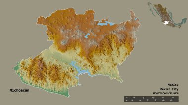 Michoacan 'ın şekli, Meksika eyaleti, sermayesi sağlam arka planda izole edilmiş. Uzaklık ölçeği, bölge önizlemesi ve etiketleri. Topografik yardım haritası. 3B görüntüleme