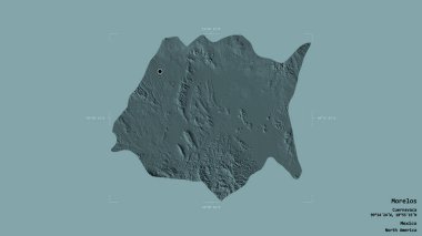 Morelos bölgesi, Meksika eyaleti, sağlam bir arka planda izole edilmiş bir sınır kutusunda. Etiketler. Renkli yükseklik haritası. 3B görüntüleme