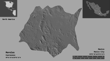Morelos 'un şekli, Meksika eyaleti ve başkenti. Uzaklık ölçeği, ön gösterimler ve etiketler. Çift seviyeli yükseklik haritası. 3B görüntüleme