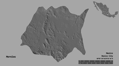 Morelos 'un şekli, Meksika eyaleti, başkenti sağlam arka planda izole edilmiş. Uzaklık ölçeği, bölge önizlemesi ve etiketleri. Çift seviyeli yükseklik haritası. 3B görüntüleme