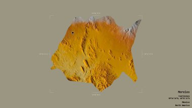 Morelos bölgesi, Meksika eyaleti, sağlam bir arka planda izole edilmiş bir sınır kutusunda. Etiketler. Topografik yardım haritası. 3B görüntüleme