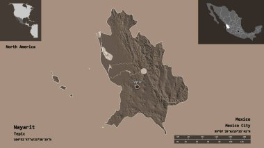 Nayarit 'in şekli, Meksika eyaleti ve başkenti. Uzaklık ölçeği, ön gösterimler ve etiketler. Renkli yükseklik haritası. 3B görüntüleme