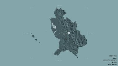 Nayarit bölgesi, Meksika eyaleti, sağlam bir arka planda izole edilmiş bir sınır kutusunda. Etiketler. Renkli yükseklik haritası. 3B görüntüleme