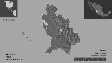 Nayarit 'in şekli, Meksika eyaleti ve başkenti. Uzaklık ölçeği, ön gösterimler ve etiketler. Çift seviyeli yükseklik haritası. 3B görüntüleme