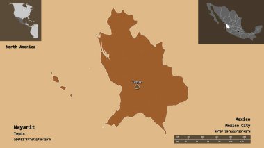 Nayarit 'in şekli, Meksika eyaleti ve başkenti. Uzaklık ölçeği, ön gösterimler ve etiketler. Düzenli desenli dokuların bileşimi. 3B görüntüleme