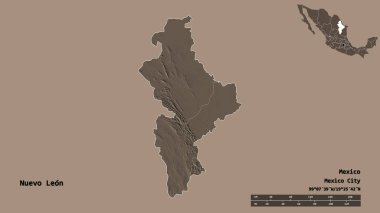 Nuevo Leon, Meksika eyaleti, başkenti sağlam arka planda izole edilmiş. Uzaklık ölçeği, bölge önizlemesi ve etiketleri. Renkli yükseklik haritası. 3B görüntüleme