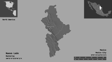 Nuevo Leon 'un sureti, Meksika eyaleti ve başkenti. Uzaklık ölçeği, ön gösterimler ve etiketler. Çift seviyeli yükseklik haritası. 3B görüntüleme