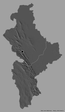 Nuevo Leon, Meksika eyaleti, başkenti koyu renk arka planda izole edilmiş. Çift seviyeli yükseklik haritası. 3B görüntüleme