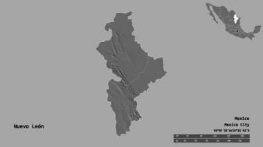 Nuevo Leon, Meksika eyaleti, başkenti sağlam arka planda izole edilmiş. Uzaklık ölçeği, bölge önizlemesi ve etiketleri. Çift seviyeli yükseklik haritası. 3B görüntüleme