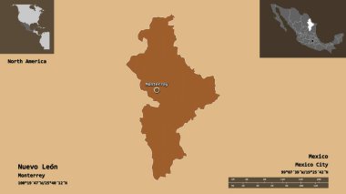 Nuevo Leon 'un sureti, Meksika eyaleti ve başkenti. Uzaklık ölçeği, ön gösterimler ve etiketler. Düzenli desenli dokuların bileşimi. 3B görüntüleme