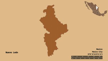 Nuevo Leon, Meksika eyaleti, başkenti sağlam arka planda izole edilmiş. Uzaklık ölçeği, bölge önizlemesi ve etiketleri. Düzenli desenli dokuların bileşimi. 3B görüntüleme