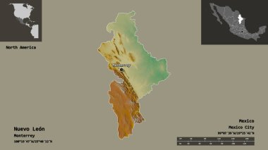 Nuevo Leon 'un sureti, Meksika eyaleti ve başkenti. Uzaklık ölçeği, ön gösterimler ve etiketler. Topografik yardım haritası. 3B görüntüleme