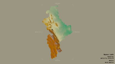 Nuevo Leon bölgesi, Meksika eyaleti, jeoreferatlı bir sınır kutusunda sağlam bir arka planda izole edilmiş. Etiketler. Topografik yardım haritası. 3B görüntüleme