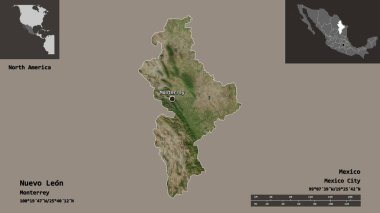 Nuevo Leon 'un sureti, Meksika eyaleti ve başkenti. Uzaklık ölçeği, ön gösterimler ve etiketler. Uydu görüntüleri. 3B görüntüleme