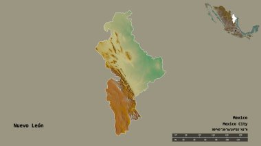 Nuevo Leon, Meksika eyaleti, başkenti sağlam arka planda izole edilmiş. Uzaklık ölçeği, bölge önizlemesi ve etiketleri. Topografik yardım haritası. 3B görüntüleme