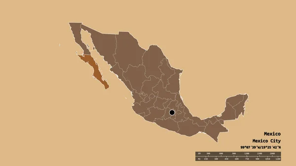 Zdesperowany Kształt Meksyku Stolicą Głównym Regionalnym Oddziałem Oddzielonym Obszarem Baja — Zdjęcie stockowe
