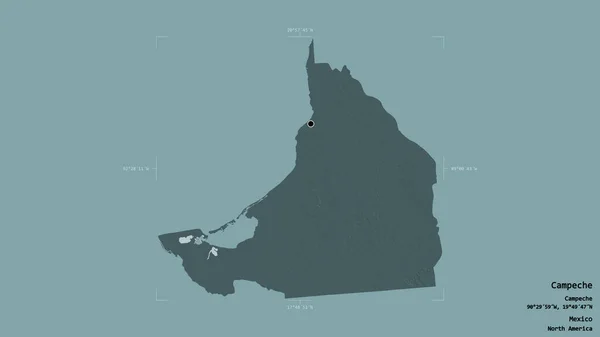 メキシコのカンペチェ州の地域は 洗練された境界の箱の中の強固な背景に隔離されています ラベル 色の標高マップ 3Dレンダリング — ストック写真