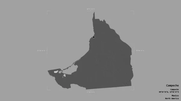 メキシコのカンペチェ州の地域は 洗練された境界の箱の中の強固な背景に隔離されています ラベル 標高マップ 3Dレンダリング — ストック写真