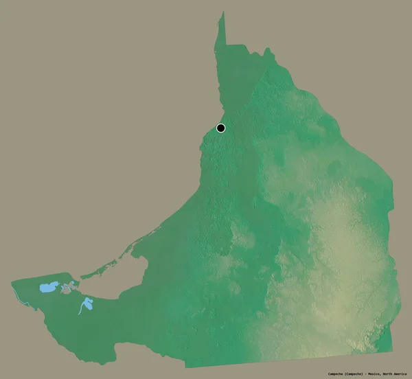 メキシコのカンペチェ州の形で その首都はしっかりとした色の背景に隔離されています 地形図 3Dレンダリング — ストック写真