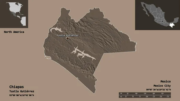 Form Von Chiapas Bundesstaat Mexiko Und Seiner Hauptstadt Entfernungsskala Vorschau — Stockfoto