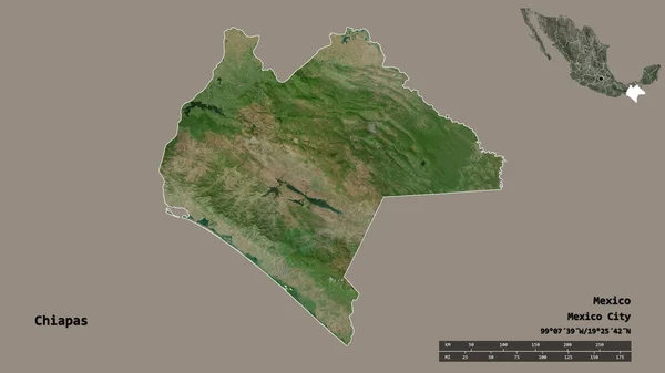 墨西哥恰帕斯州的形状 其首都在坚实的背景下与世隔绝 距离尺度 区域预览和标签 卫星图像 3D渲染 — 图库照片