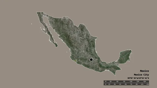 Mexikó Kiszáradt Alakja Fővárosával Regionális Körzetével Szétválasztott Colima Területtel Címkék — Stock Fotó