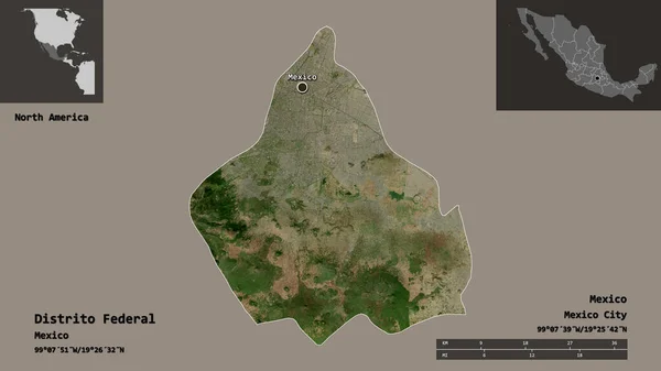 メキシコ連邦管区のディストリート連邦とその首都の形 距離スケール プレビューおよびラベル 衛星画像 3Dレンダリング — ストック写真