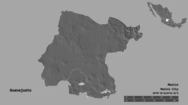 メキシコのグアナファト州の形で その首都はしっかりとした背景に隔離されています 距離スケール リージョンプレビュー およびラベル 標高マップ 3Dレンダリング — ストック写真