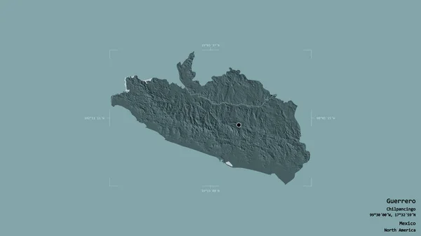 メキシコのゲレロ州の地域は 洗練された境界の箱の中にしっかりとした背景に隔離されています ラベル 色の標高マップ 3Dレンダリング — ストック写真